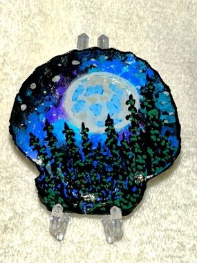 Hand Painted Ocean Waves & Moonlight Pine Forest Seashell Art